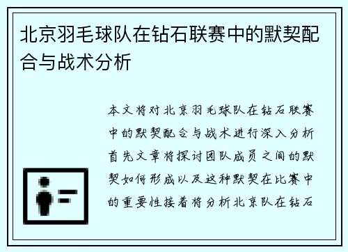 北京羽毛球队在钻石联赛中的默契配合与战术分析